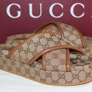 NWB Gucci GG Supreme Padded Platform Crisscross Sandals Slides Beige 40 816798